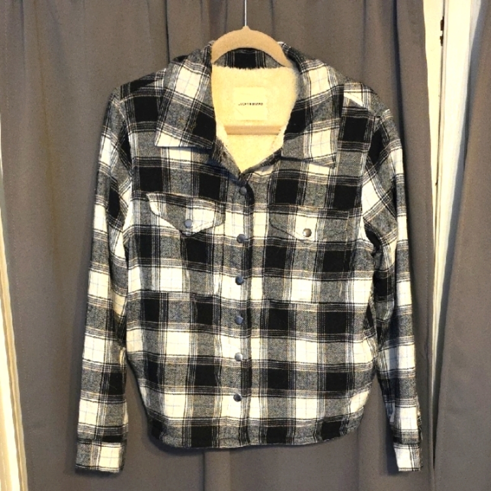 Lucky Brand Men's Shacket Black White Plaid Flannel Snaps‎ Sherpa Lined Sz S EUC